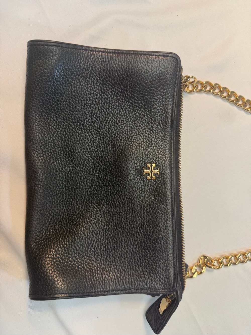 Tory Burch Black Pebbled Leather Chain Wallet with Gold Hardware